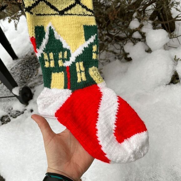 Vintage Knit Christmas Stocking Santa Sleigh Scene Handmade Red Green Yellow - Picture 5 of 7
